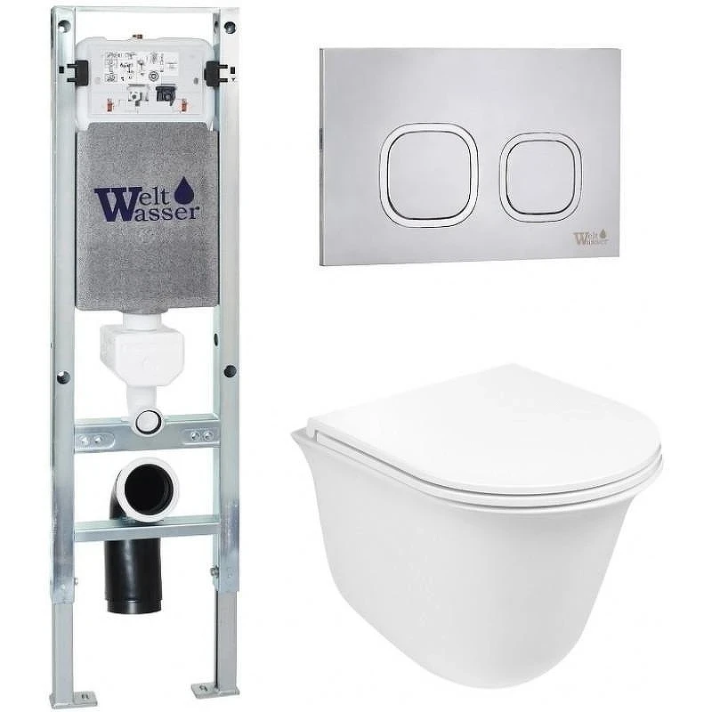 Комплект унитаза с инсталляцией WeltWasser AMBERG 350 ST + TELBACH 004 GL-WT + AMBERG RD-MT CR 10000006589 цвет Белый глянцевый с сиденьем Микролифт и клавишей смыва цвет Хром матовый