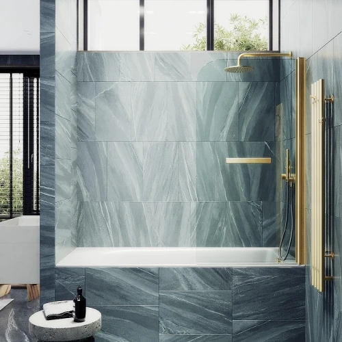 Шторка для ванны Maybah Glass MGV-782-3 700х1400 поворотная на монопетле с полотенцедержателем Золото стекло прозрачное