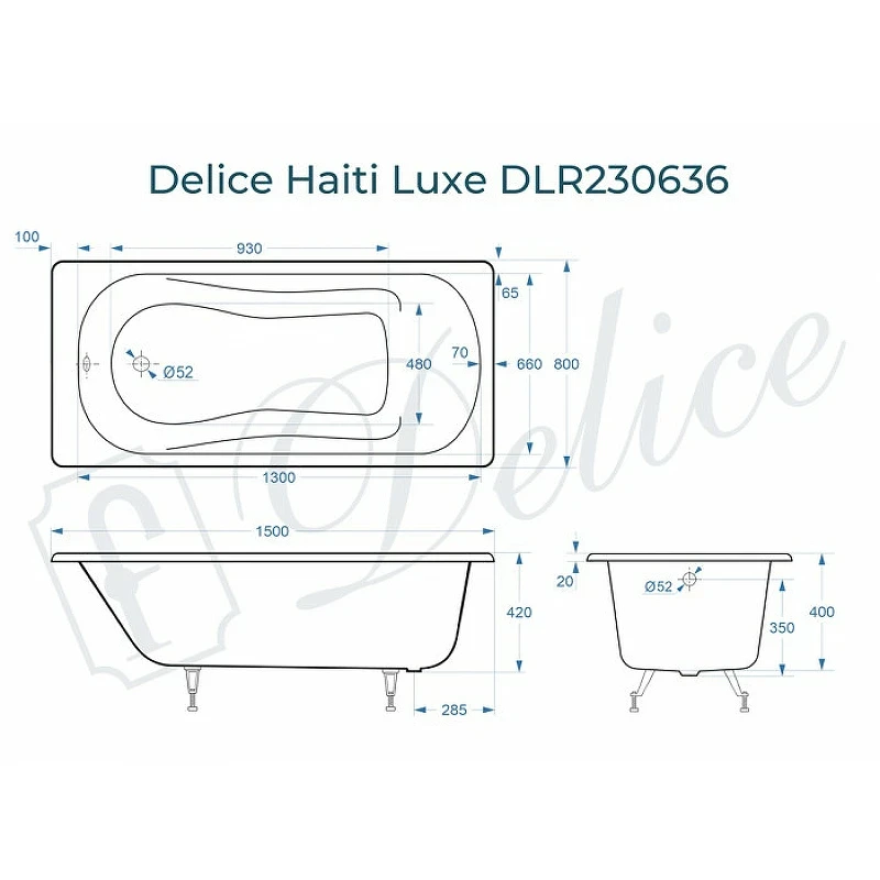 Чугунная ванна Delice Haiti Luxe 150x80 DLR230636 без отверстий под ручки и антискользящего покрытия