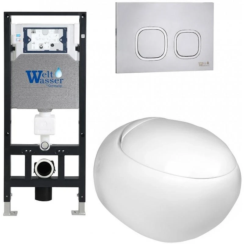 Комплект унитаза с инсталляцией WeltWasser AMBERG 506 + JECKENBACH 004 GL-WT + AMBERG RD-MT CR 10000006801 цвет Белый глянцевый с сиденьем Микролифт и клавишей смыва цвет Хром матовый