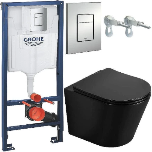 Унитаз с инсталляцией CeramaLux B2330-1MB + Grohe Rapid SL 38772001 с сиденьем Микролифт и клавишей смыва Хром