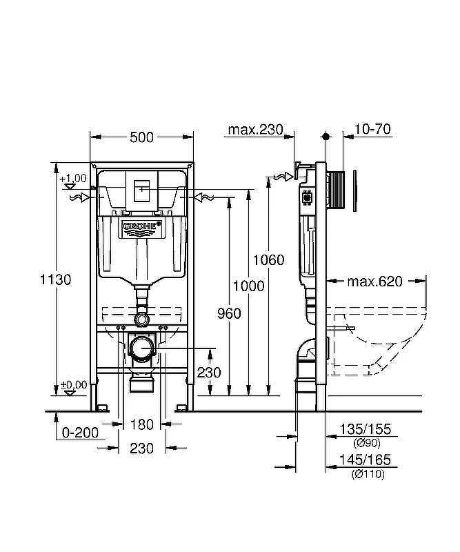 Унитаз с инсталляцией CeramaLux B2330-1MB + Grohe Rapid SL 38772001 с сиденьем Микролифт и клавишей смыва Хром