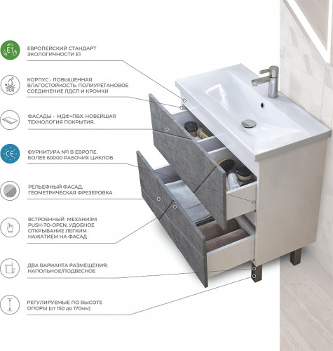 Тумба под раковину Vigo Geometry 80 tn.bsf.GEO.9696.80.2Y цвет Бетон Белый