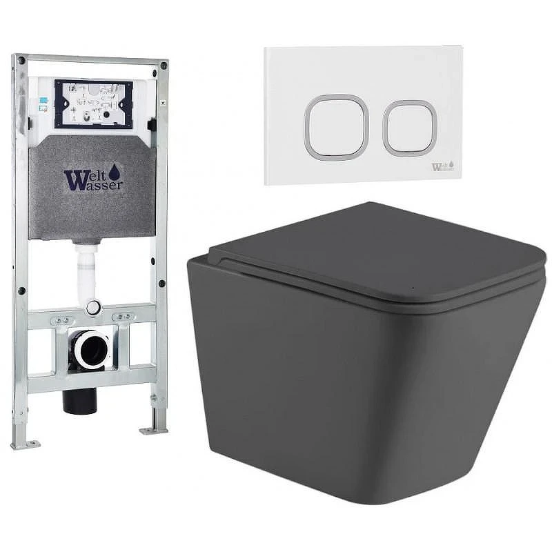 Комплект унитаза с инсталляцией WeltWasser AMBERG 506 ST + GELBACH 043 MT-GR + AMBERG RD-WT 10000012033 цвет Серый матовый с сиденьем Микролифт и клавишей смыва цвет Белый