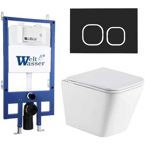 Комплект унитаза с инсталляцией WeltWasser BAMBERG 545 + GELBACH 043 MT-WT + BAMBERG BL 10000012805 цвет Белый матовый с сиденьем Микролифт и клавишей смыва цвет Черный