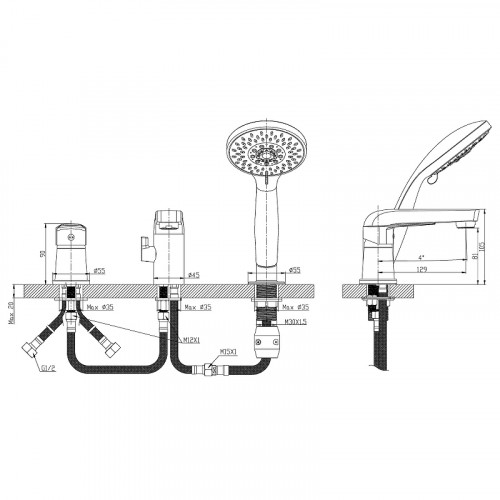 Смеситель на борт ванны Rossinka S35-39 Хром латунь