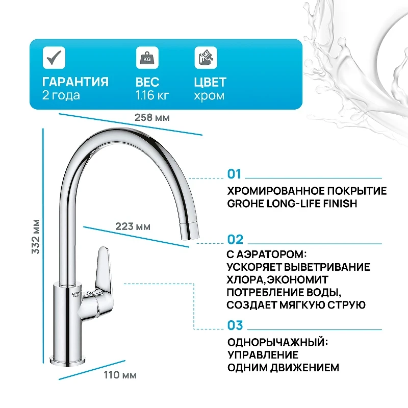 Смеситель для кухни Grohe Baucurve 31536001 Хром латунь
