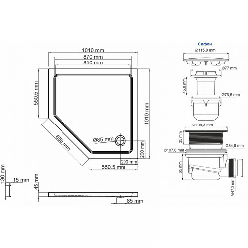Акриловый поддон для душа WasserKRAFT Isen 101х101 26T38 Белый глянец