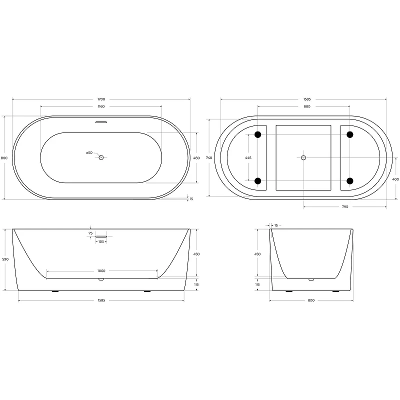 Акриловая ванна BelBagno 170x80 BB411-1700-800-MATT без гидромассажа