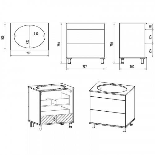 Тумба с раковиной Brevita Enfida 70 УТ000015616 Черная матовая МДФ / ЛДСП