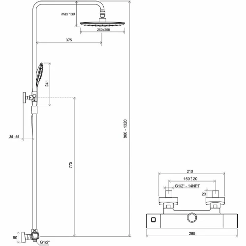 Душевая система Ravak 10° Free TD F 091.00/150 X070141 с термостатом Хром латунь на стену
