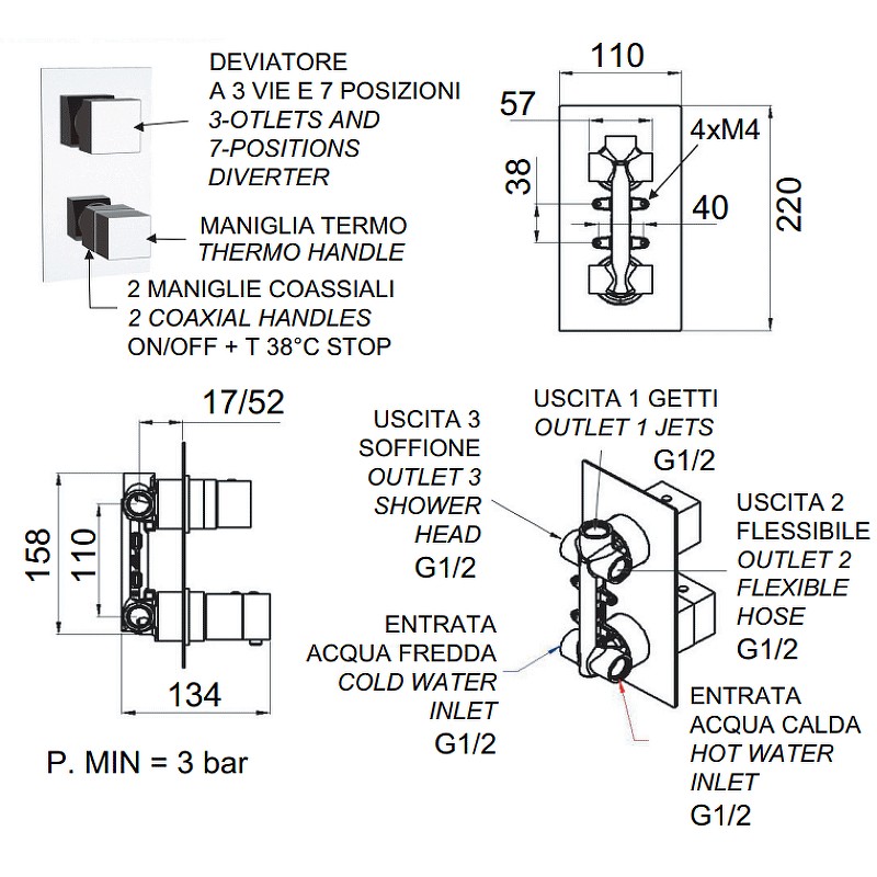 Смеситель для душа Remer Qubica Thermo QT937 с термостатом Хром латунь встраиваемый