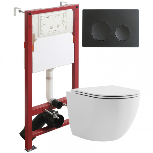 Комплект унитаза с инсталляцией Agger ATI03100+APB144 с сиденьем Микролифт и Черной матовой клавишей смыва фарфор подвесной