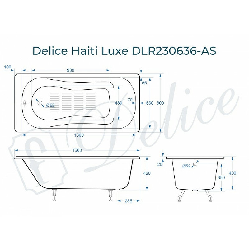 Чугунная ванна Delice Haiti Luxe 150x80 DLR230636-AS без отверстий под ручки с антискользящим покрытием