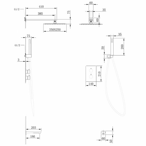 Душевая система Abber Insel AF8050B с термостатом Черная матовая латунь встраиваемый