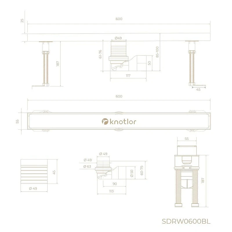 Душевой лоток Knotlor Земля 60 SDRW0600BL с решеткой цвет Черный матовый