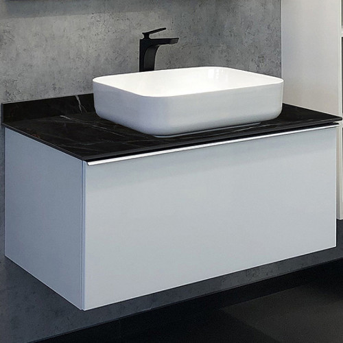 Тумба с раковиной Comforty Милан 90 00-00014008 подвесная Белая гляцевая Калакатта Блэк МДФ / ЛДСП