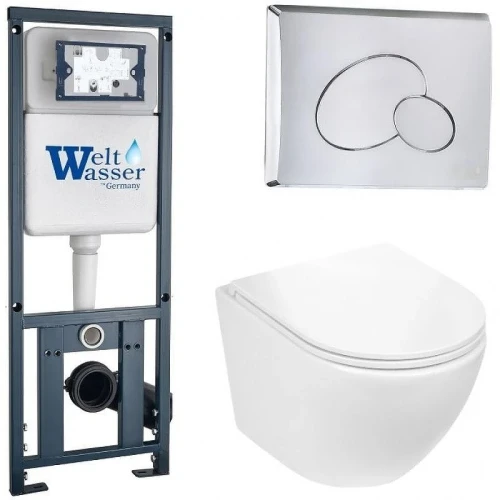 Комплект унитаза с инсталляцией WeltWasser MARBERG 410 + MERZBACH 043 GL-WT + MAR 410 RD-CR 10000011308 цвет Белый глянцевый с сиденьем Микролифт и клавишей смыва цвет Хром