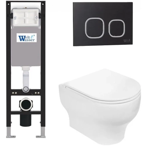 Комплект унитаза с инсталляцией WeltWasser AMBERG 350 + ERLENBACH 004 GL-WT + AMBERG RD-BL 10000012289 цвет Белый глянцевый с сиденьем Микролифт и клавишей смыва цвет Черный
