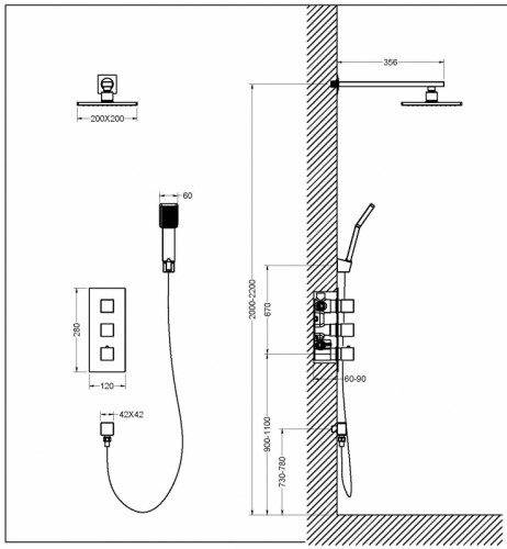 Душевая система Timo Tetra-Thermo SX-0179/03SM с термостатом Черный латунь встраиваемый