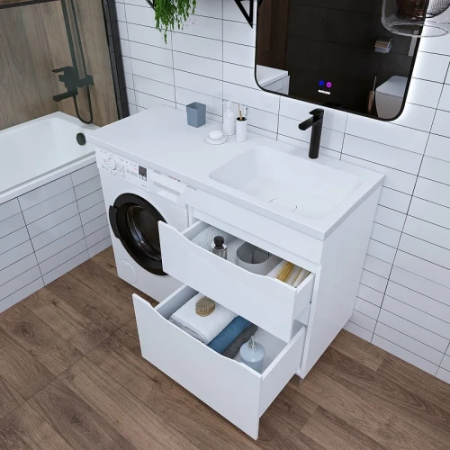 Раковина Grossman Madera Камилла 120 R 1101017 с местом под стиральную машину Белая искусственный камень (литьевой мрамор) с местом под стиральную машину, подвесная, полувстраиваемая