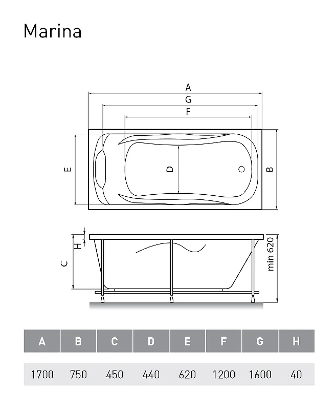 Акриловая ванна Relisan Marina 170x75 Гл000008874 без гидромассажа