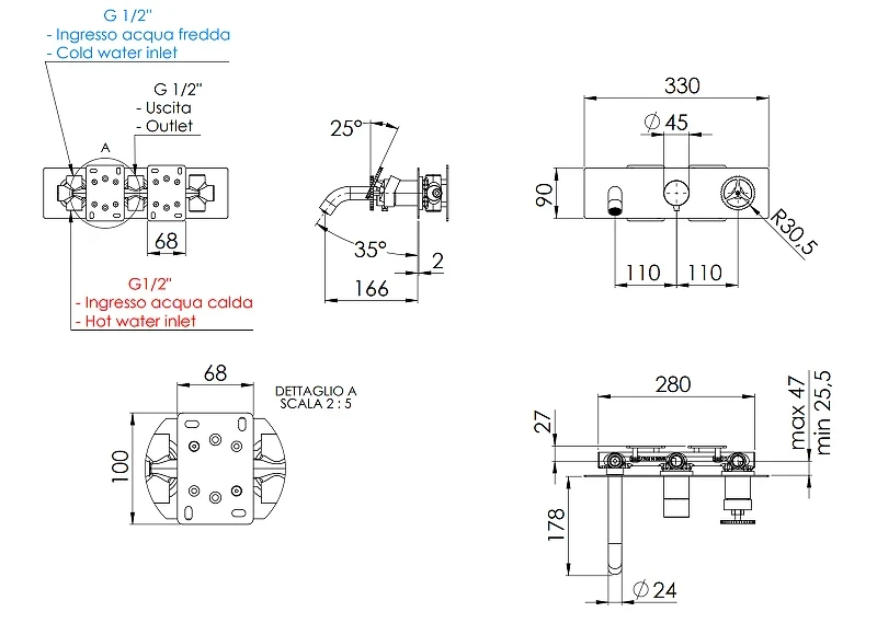 Смеситель для ванны Remer Chrono CH54D2XV цвет Сталь