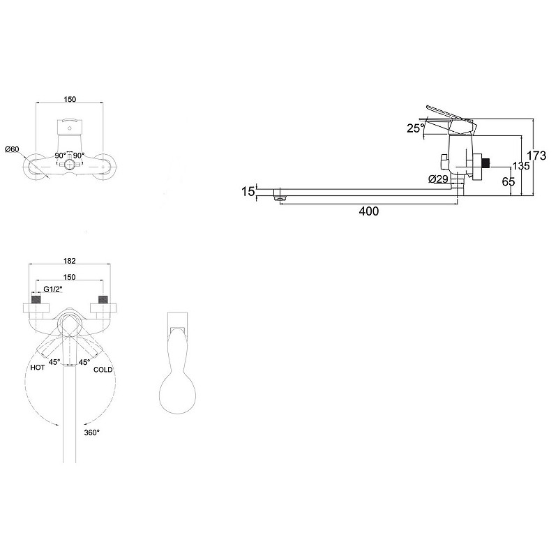 Смеситель для ванны Kaiser Orbit 20055B универсальный Хром латунь на стену