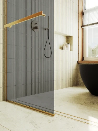 Душевая перегородка Maybah Glass MGD-723-3у 690x1950 в узком профиле Золото стекло графитовое