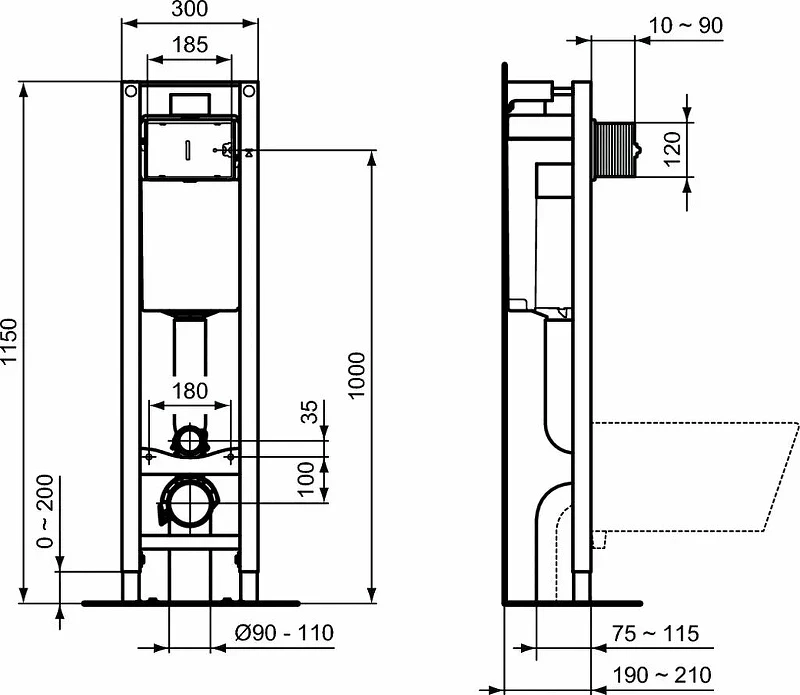 Комплект унитаза с инсталляцией Ideal Standard Prosys Eco Frame Eurovit W660101 с сиденьем Микролифт фарфор подвесной