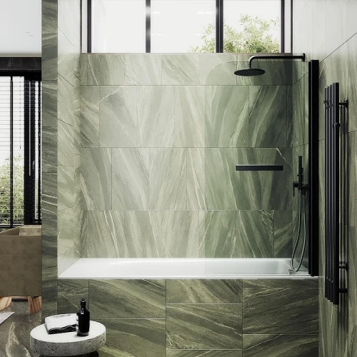 Шторка для ванны Maybah Glass MGV-782-6 700х1400 поворотная на монопетле с полотенцедержателем Черный стекло прозрачное