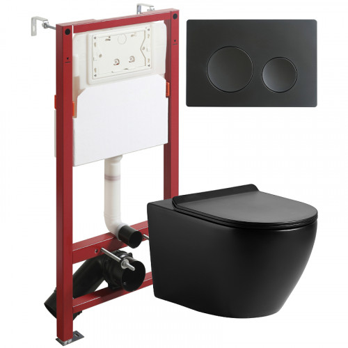 Комплект унитаза с инсталляцией Agger ATI03144+APB144 с сиденьем Микролифт и Черной матовой клавишей смыва фарфор подвесной