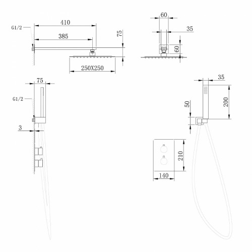 Душевая система Abber Insel AF8051B с термостатом Черная матовая латунь встраиваемый