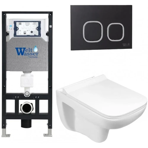 Комплект унитаза с инсталляцией WeltWasser AMBERG 506 + KEHLBACH 004 GL-WT + AMBERG RD-BL 10000006803 цвет Белый глянцевый с сиденьем Микролифт и клавишей смыва цвет Черный