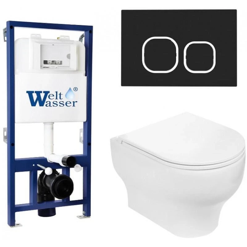 Комплект унитаза с инсталляцией WeltWasser BAMBERG 525 + ERLENBACH 004 GL-WT + BAMBERG BL 10000010367 цвет Белый глянцевый с сиденьем Микролифт и клавишей смыва цвет Черный