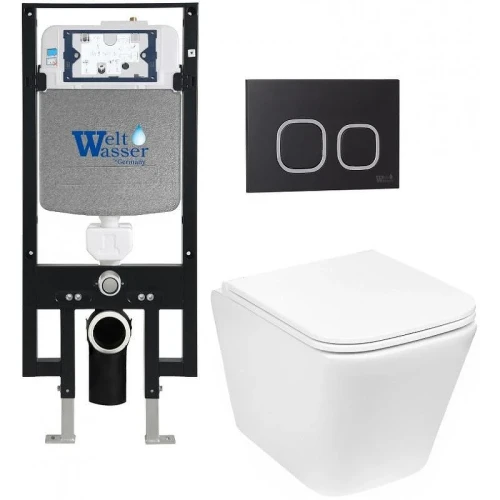 Комплект унитаза с инсталляцией WeltWasser AMBERG 497 + GELBACH 043 GL-WT + AMBERG RD-BL 10000011851 цвет Белый глянцевый с сиденьем Микролифт и клавишей смыва цвет Черный