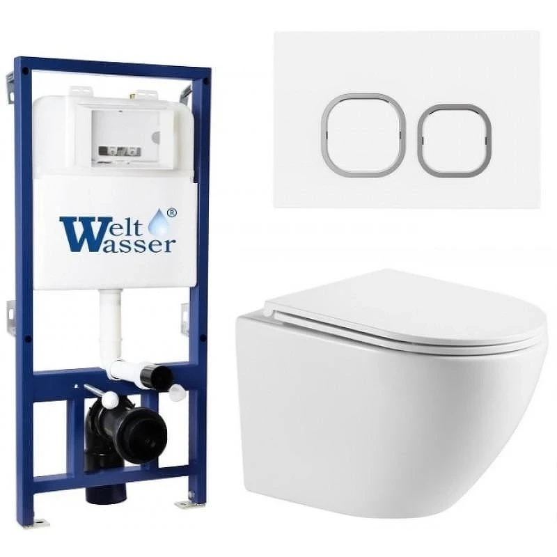 Комплект унитаза с инсталляцией WeltWasser BAMBERG 525 + MERZBACH 043 MT-WT + BAMBERG WT 10000013623 цвет Белый матовый с сиденьем Микролифт и клавишей смыва цвет Белый