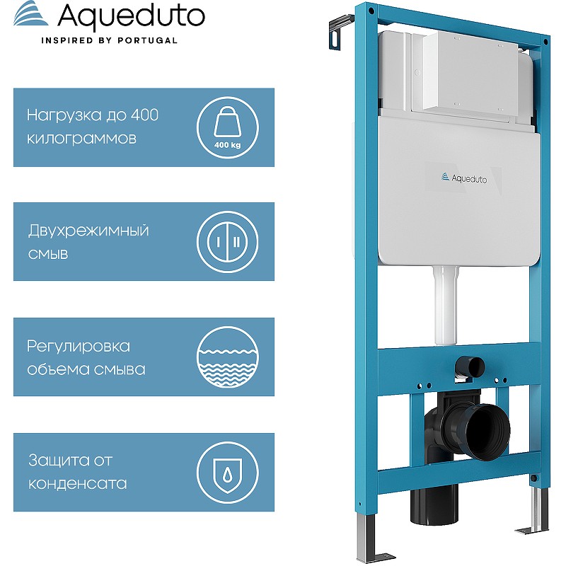 Комплект унитаза с инсталляцией Aqueduto Ovo AQDS013T с сиденьем Микролифт и Черной матовой клавишей смыва фаянс подвесной