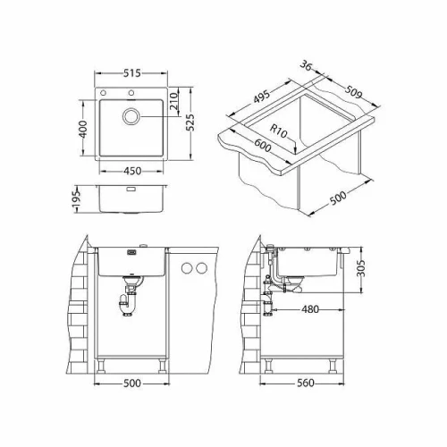 Кухонная мойка Alveus Pure 30 KMB-90 515x525 1103609 Брашированная сталь нержавеющая сталь встраиваемый