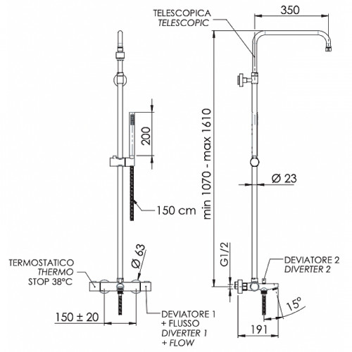 Душевая система Remer Elegance EQ34A7MMSSOF с термостатом без верхнего душа Хром латунь на стену