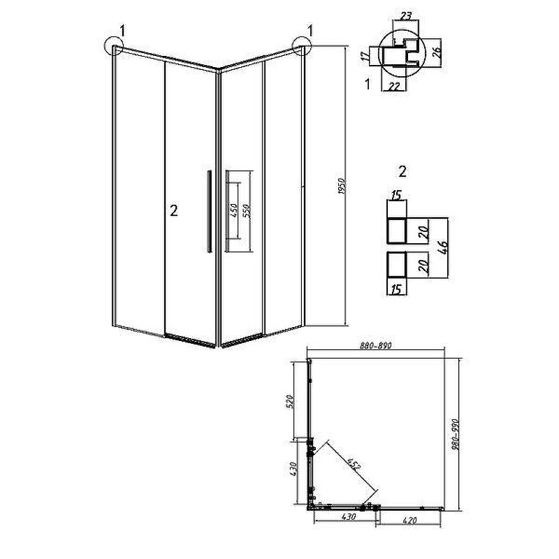 Душевой уголок Grossman Galaxy 100x90 L 300.K33.01.90R10L.21.02 профиль Черный матовый стекло шиншилла