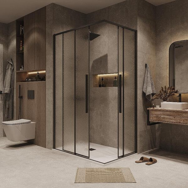 Душевой уголок Grossman Galaxy 100x90 L 300.K33.01.90R10L.21.02 профиль Черный матовый стекло шиншилла