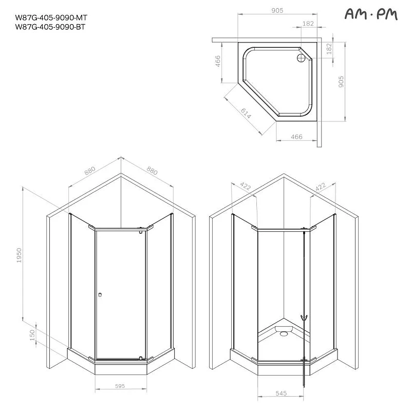 Душевой уголок AM.PM Sunny 90х90 W87G-405-9090-BT профиль Черный матовый стекло прозрачное