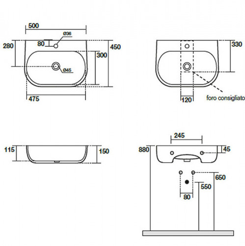 Раковина Kerasan Nolita 50 534001*1 Белая глянцевая фарфор подвесная, накладная