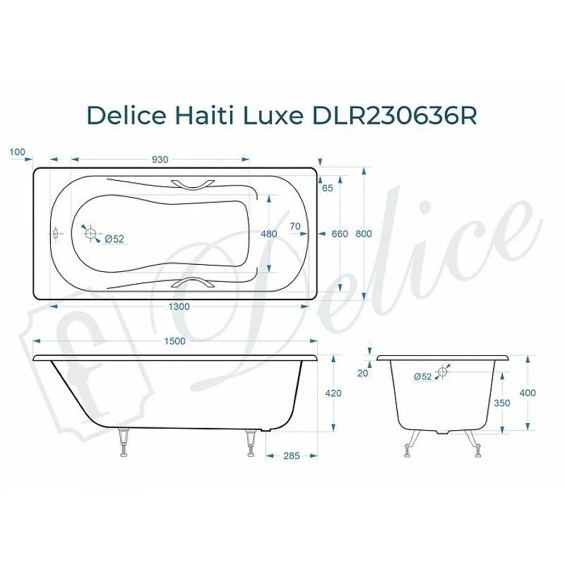 Чугунная ванна Delice Haiti Luxe 150x80 DLR230636R с отверстиями под ручки без антискользящего покрытия