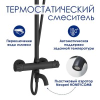 Душевая система WasserKRAFT A288.258.078.BM Thermo с термостатом Черная матовая латунь на стену