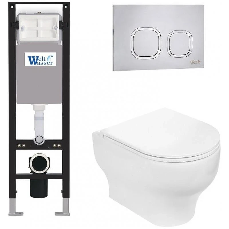 Комплект унитаза с инсталляцией WeltWasser AMBERG 350 + ERLENBACH 004 GL-WT + AMBERG RD-MT CR 10000012291 цвет Белый глянцевый с сиденьем Микролифт и клавишей смыва цвет Хром матовый