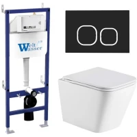 Комплект унитаза с инсталляцией WeltWasser BAMBERG 460 + GELBACH 043 GL-WT + BAMBERG BL 10000012809 цвет Белый глянцевый с сиденьем Микролифт и клавишей смыва цвет Черный
