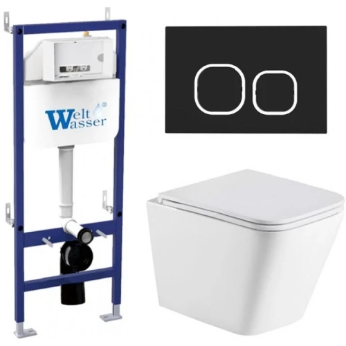 Комплект унитаза с инсталляцией WeltWasser BAMBERG 460 + GELBACH 043 GL-WT + BAMBERG BL 10000012809 цвет Белый глянцевый с сиденьем Микролифт и клавишей смыва цвет Черный