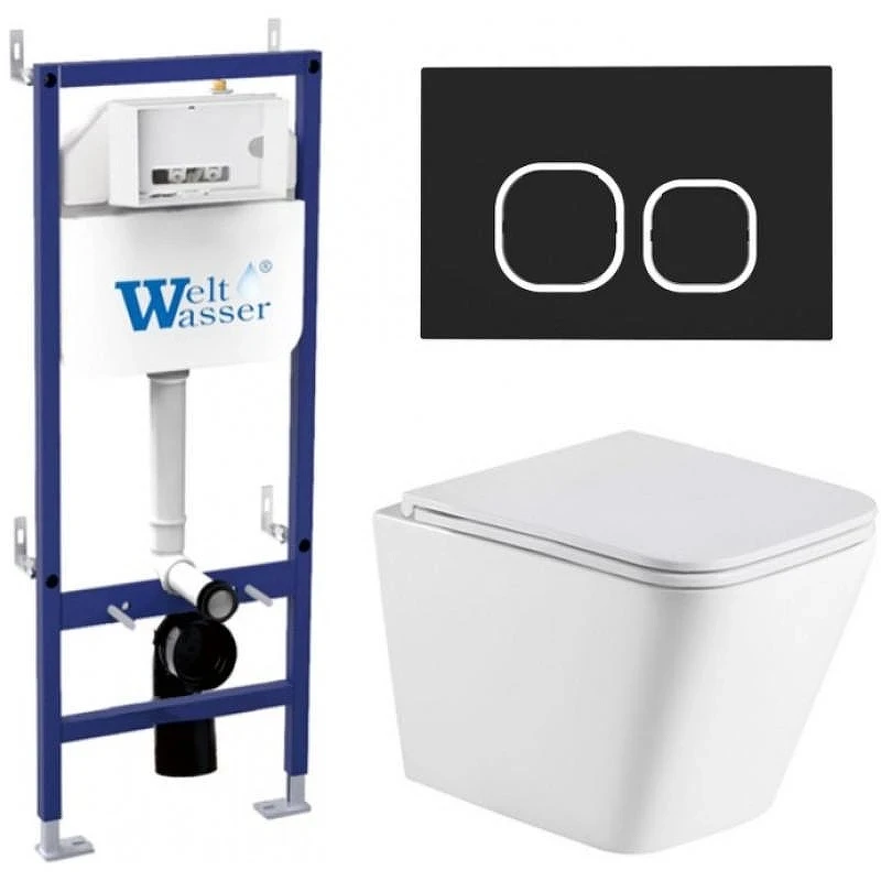 Комплект унитаза с инсталляцией WeltWasser BAMBERG 460 + GELBACH 043 GL-WT + BAMBERG BL 10000012809 цвет Белый глянцевый с сиденьем Микролифт и клавишей смыва цвет Черный